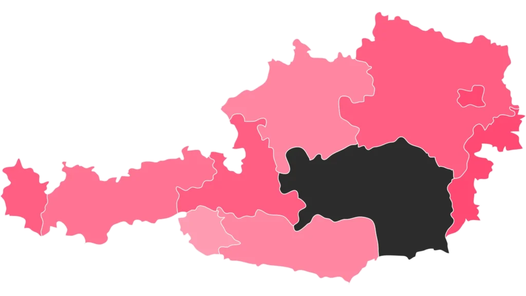 Karte von Österreich mit Fokus auf die Steiermark, hervorgehoben für Food-Fotografie Steiermark von Socialfood – professionelle Inszenierung kulinarischer Produkte.