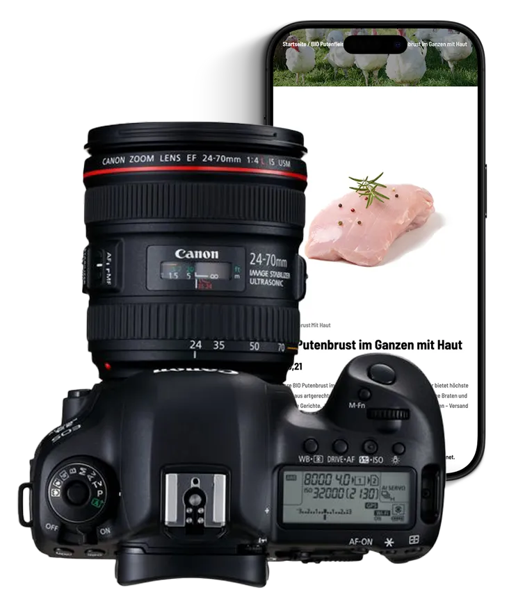 Kamera und Smartphone mit Putenbrust auf der Website – Food-Fotografie Steiermark für e-Commerce-Projekte.