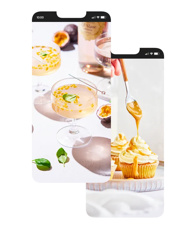 Professionelle Food-Fotografie mit elegant angerichteten Cocktails und Cupcakes, ideal für kreative Food-Kampagnen und Social-Media-Präsentationen.